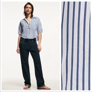 Zara Blue & White Striped Linen Blend Crop Button Shirt S